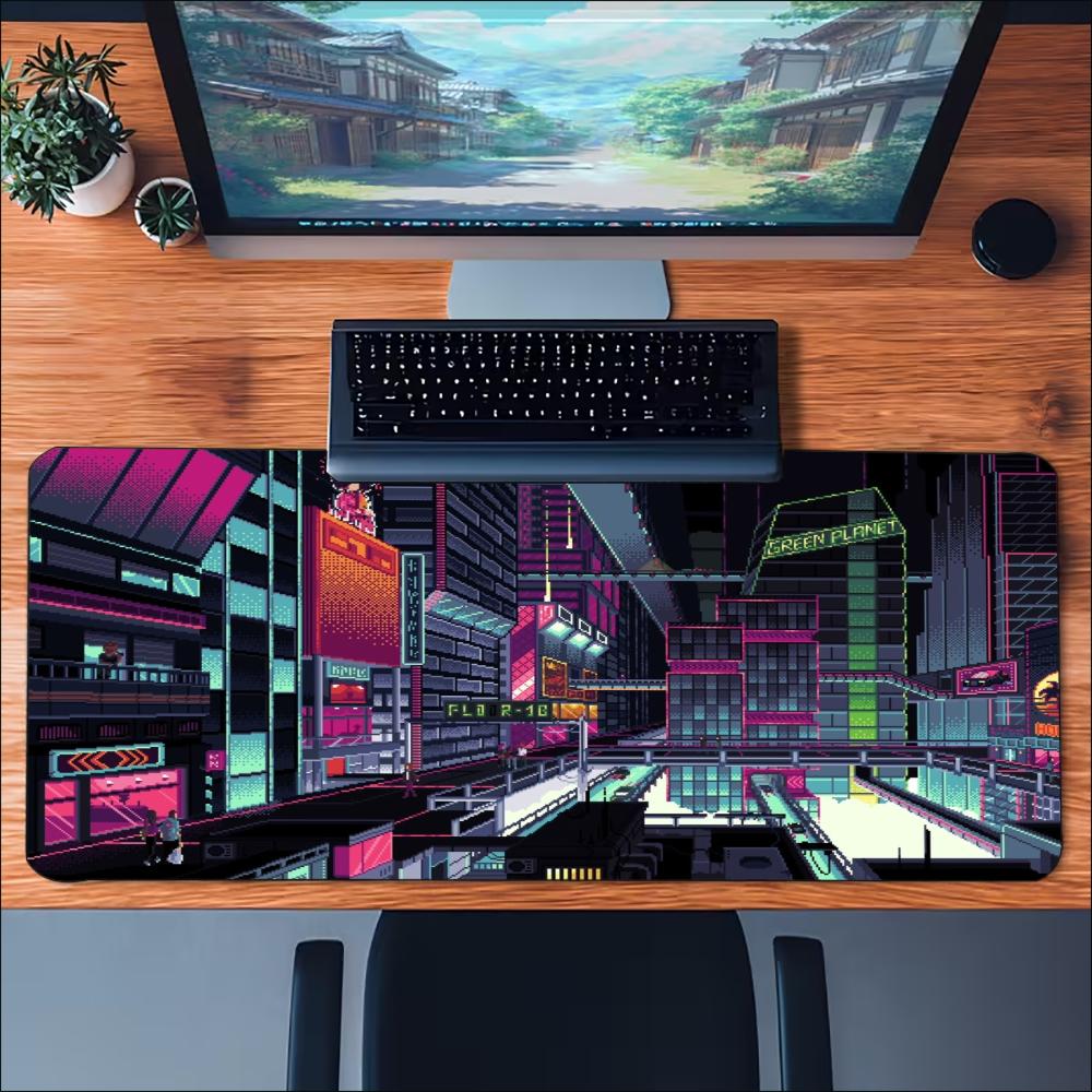 Cyberpunk Neon City Large Extended Mouse Pad Nonslip Rubber Base Stitched Edges Smooth Surface For Work And Office Use