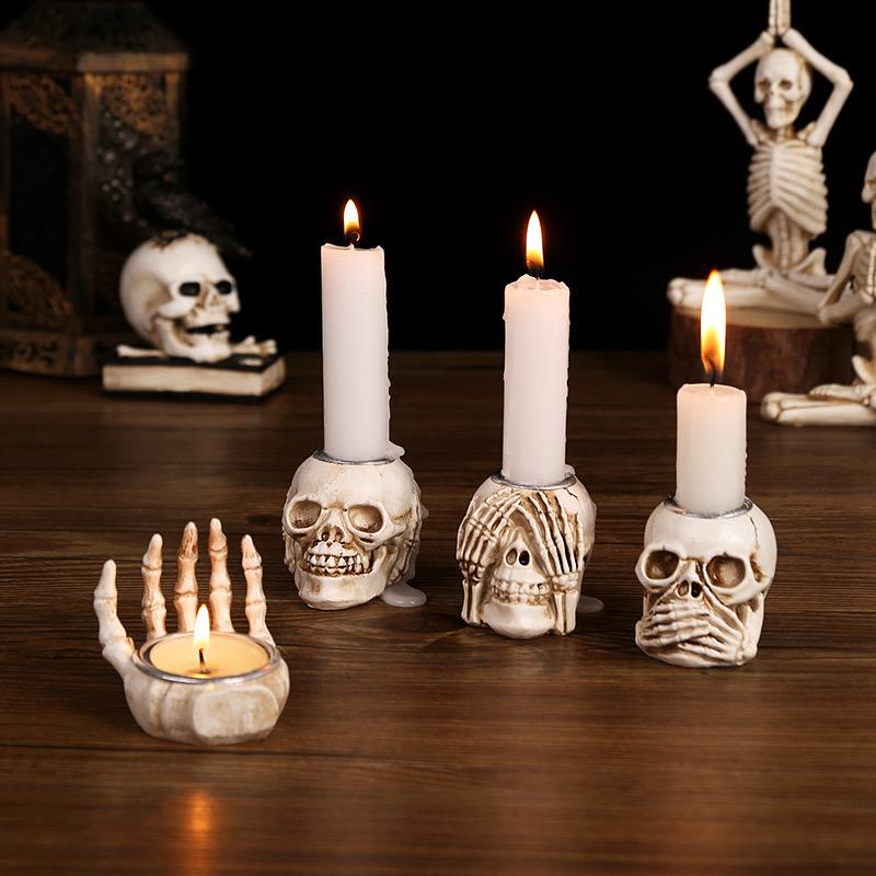 Halloween Desktop Foyer Decoration Gift Skull Hand Candle Stick Decoration Resin Skull Halloween Horror Decoration Supplies