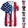 Women's Fashionable Casual Independence Day American Flag And Stars Print V-neck Short-Sleeved Work Shirt With Double Side Slits And Pockets