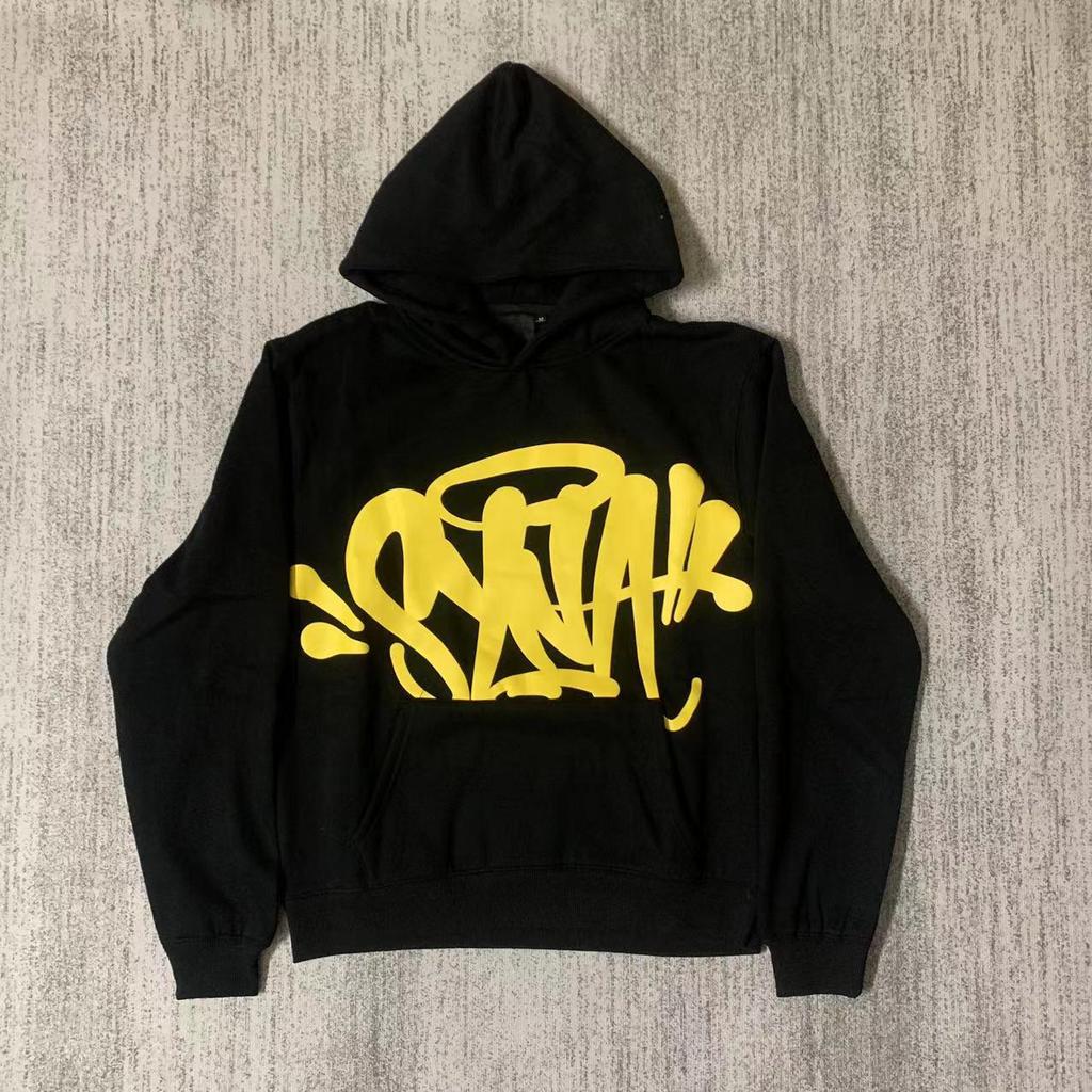 SYNAWORLD Wind Hip Hop Letter Print Fleece-Lined Hooded Sweatshirt - Casual Trendy Sportswear