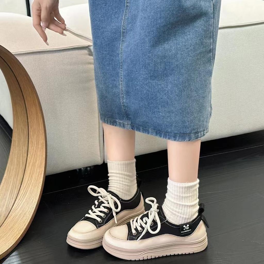 Little white shoes women's first layer cowhide new retro sports and leisure shoes lace up thick sole lightweight soft baseplate shoes