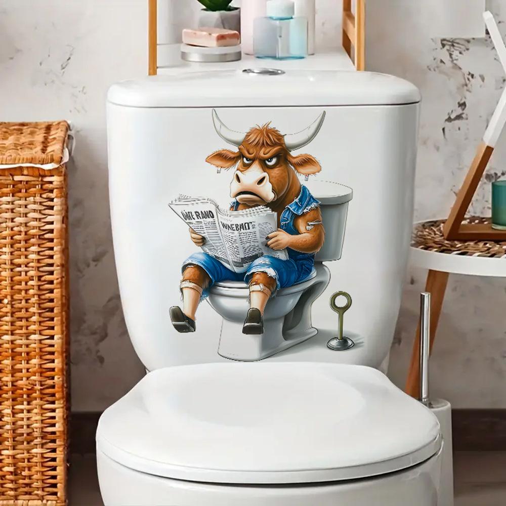 3D Funny Cartoon Calf Reading Newspaper On Toilet Wall Sticker Self-Adhesive Waterproof Removable Bathroom Home Decor Art