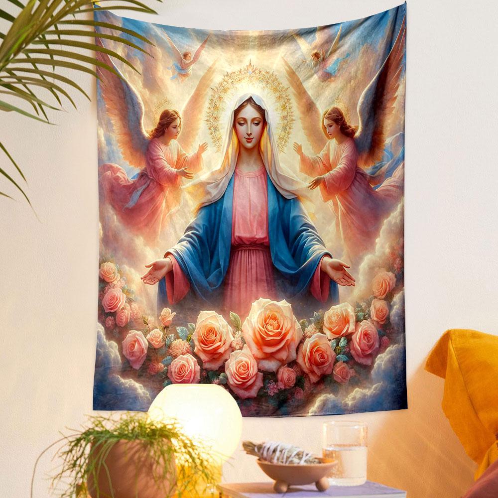 "Graceful Virgin Mary with Angels and Roses" Patterned tapestry home decor, suitable for bedroom and living room, gift