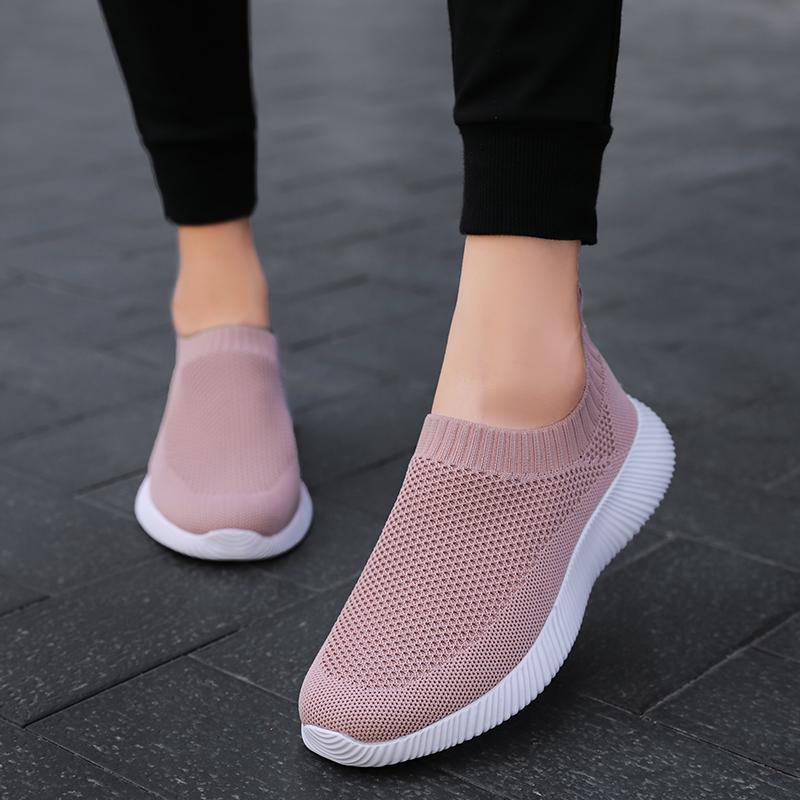 Light Breathable Women's Flats Knitted Mesh Running Sports Shoes Slip-on Walking Loafers Mother Shoes