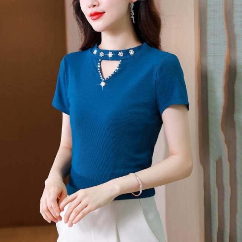 Ice Silk Shirt for Women Short-sleeved T-shirt In Summer New Slim and Versatile Modal Solid Color Thread Base Shirt Top