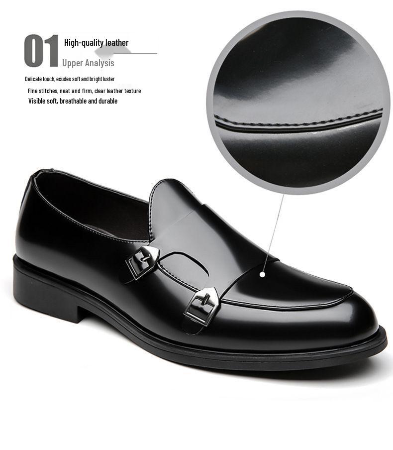 Men's Business Casual Double Buckle Pointed Toe Leather Monk Shoes - Shiny English Style Formal Footwear.