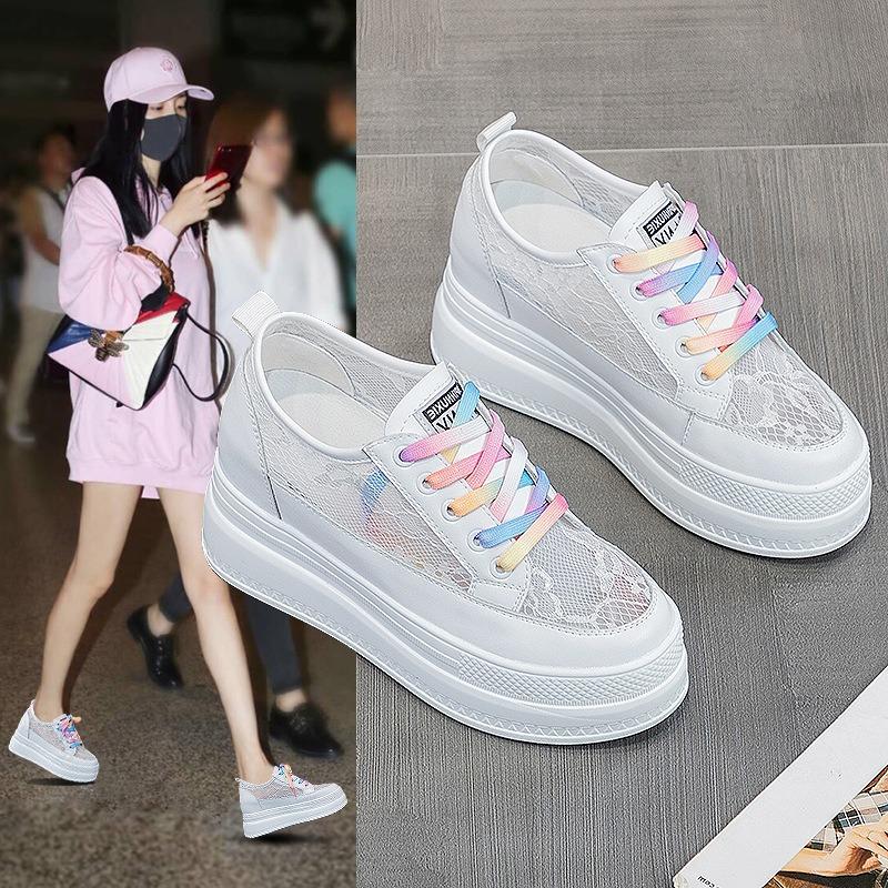 Fashion 8cm 2025 Summer New Style Women's Loafers, Thick-bottomed Leisure Shoes with Lace Mesh