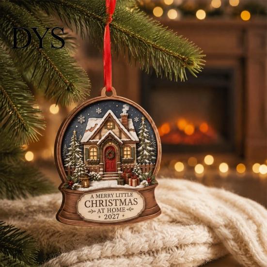 Rustic Hanging Cabin Decor Wooden Christmas House Ornament, 2D Castle Car with Gift Box Set Red String, Tree Pendant, Holiday for Home Indoor Festive