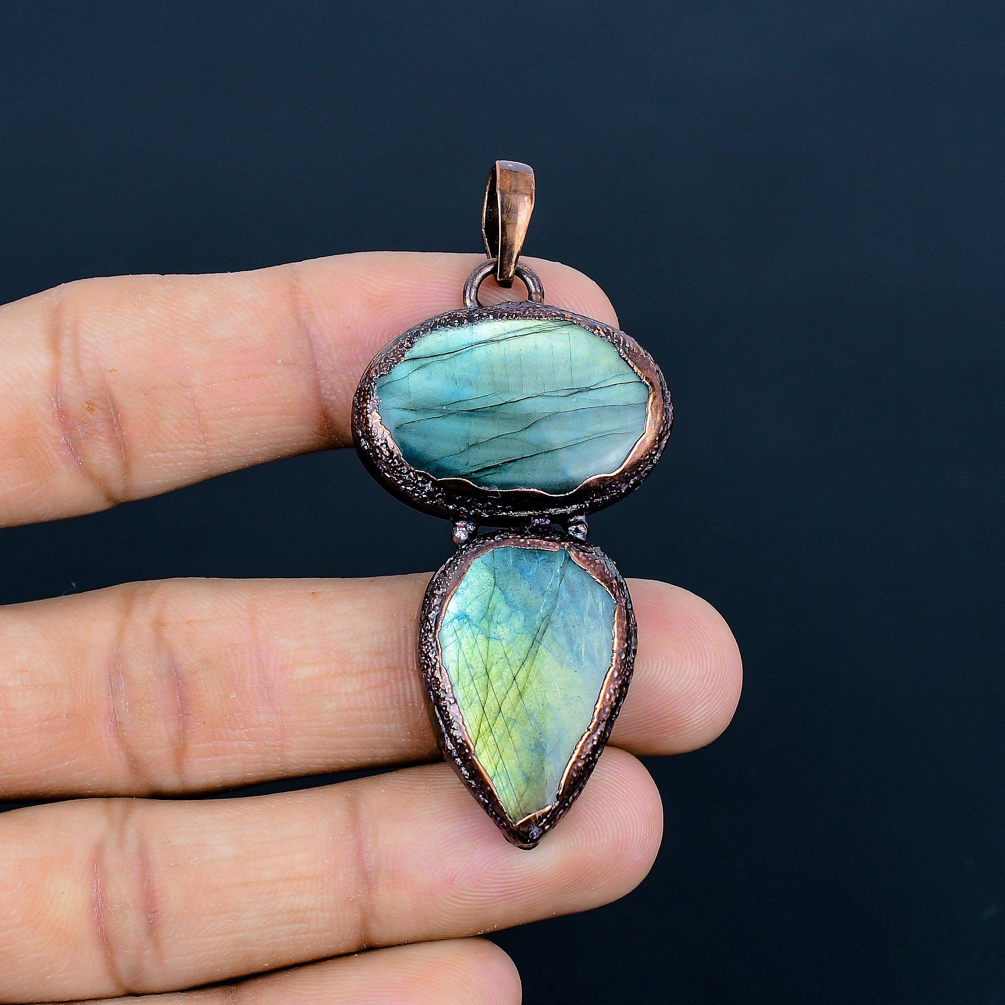 

Labradorite Pendant, Handmade Gemstone Copper Electroformed Pendant Antique Jewelry, For Gift Silver Jewelry 2.55 Inches