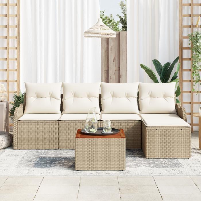 Ensemble de Canapé de Jardin 6 Pièces avec Coussins Beige Rattan 3347442