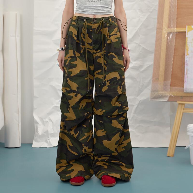 unifree American Retro Camo Print Loose Wide-Leg Casual Pants