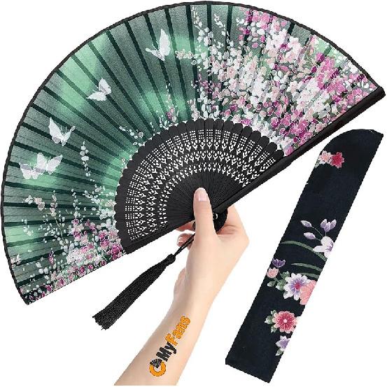 Hand Fan for Women Foldable - Folding Chinese Japanese Vintage Bamboo Silk Fan - Ideal for Hot Flashes, Church, EDM, Festivals, Dancing and Gifts