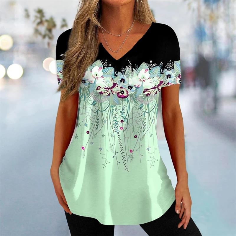 Sommer Damen T-Shirt 3D-Blume Bedruckte Kleidung Schönes V-Ausschnitt Kurzarm T-Shirt Trend Mode T-Shirt für Damen Straße