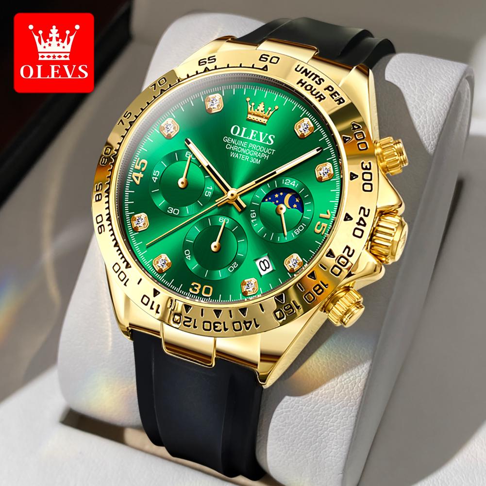 Herrenuhren Green Water Ghost, luxuriöse multifunktionale Original-Quarzuhr für Herren, wasserdicht, leuchtend, Datum, Mondphase, Weihnachten