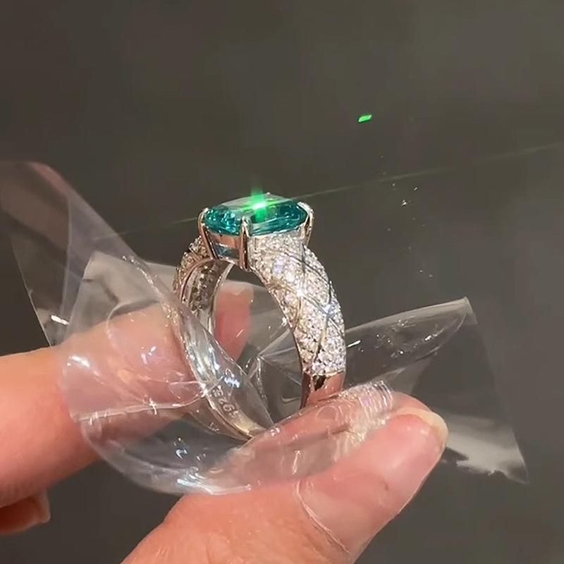 Silver Sparkling Star River Full Diamond Square Female Ring Fashion Retro Blue Diamond rings for women Charm