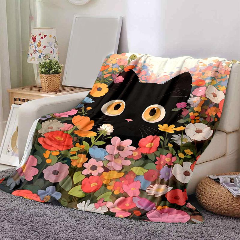 1pc Flowery Black Cat Themed Blanket  Seasonal Home Decorative, Living Room, Travel, Camping, Car Blankets