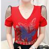 New European Brand Women's Clothes T-shirt Sexy V-Neck Luxury Butterfly Hot Diamonds Girls Tops Fashion Summer Short Sleeve Tees