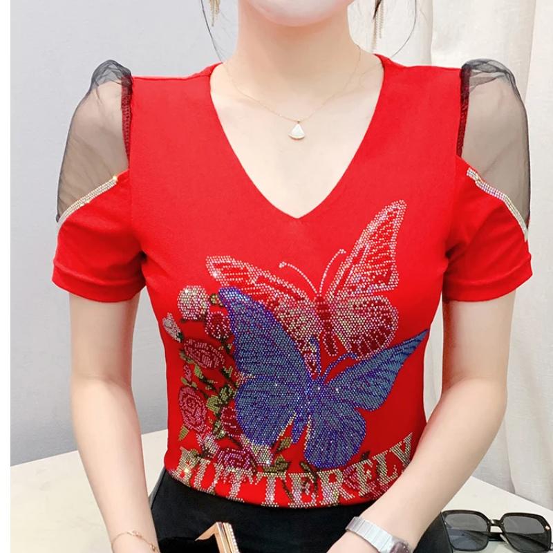 New European Brand Women's Clothes T-shirt Sexy V-Neck Luxury Butterfly Hot Diamonds Girls Tops Fashion Summer Short Sleeve Tees