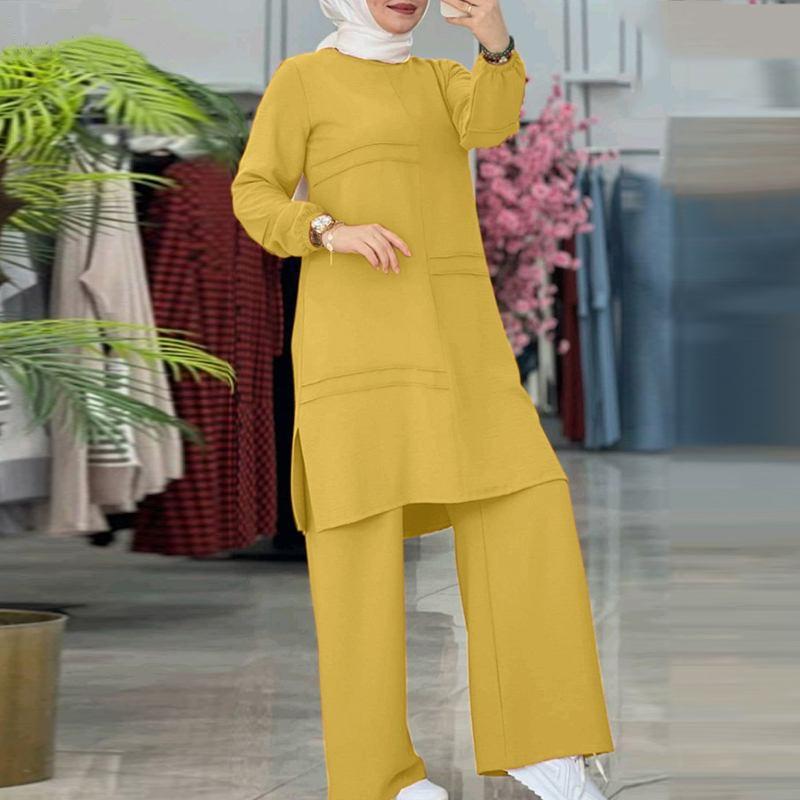 H712# Damen Einfarbig Zweiteilige Sportbekleidung: Elegantes Set aus Langarmhemd und weiten Hosen