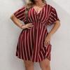 Bohemian Striped Casual Dress for Plus Size Women V Neck Short Sleeve Loose Waist