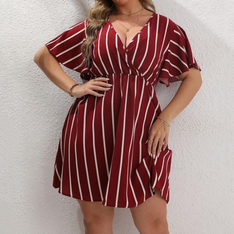 

Casual Bohemian Dress for Plus Size Women V Neck Short Sleeve Loose Striped Waist XXXXL винний