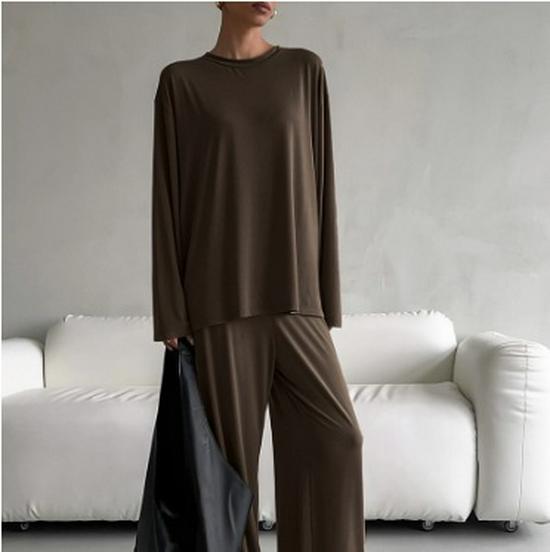

European & American Women s Knit Pajama Set: 2025 Autumn/Winter Loose Round Neck Long Sleeve Top & Pants Large коричневый