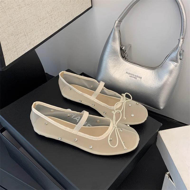Bow fashionable soft-soled shoes temperament mesh round head shallow mouth single shoes  lightweight Breathable flat shoes