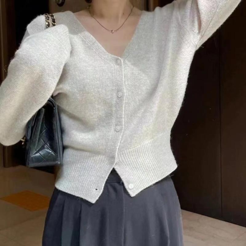 Korean Chic Knitted Bottoming Shirt Women Elegant New Short Cardigan Sweater Outerwear Sweet V-neck Long Sleeve Tops 2024 Autumn
