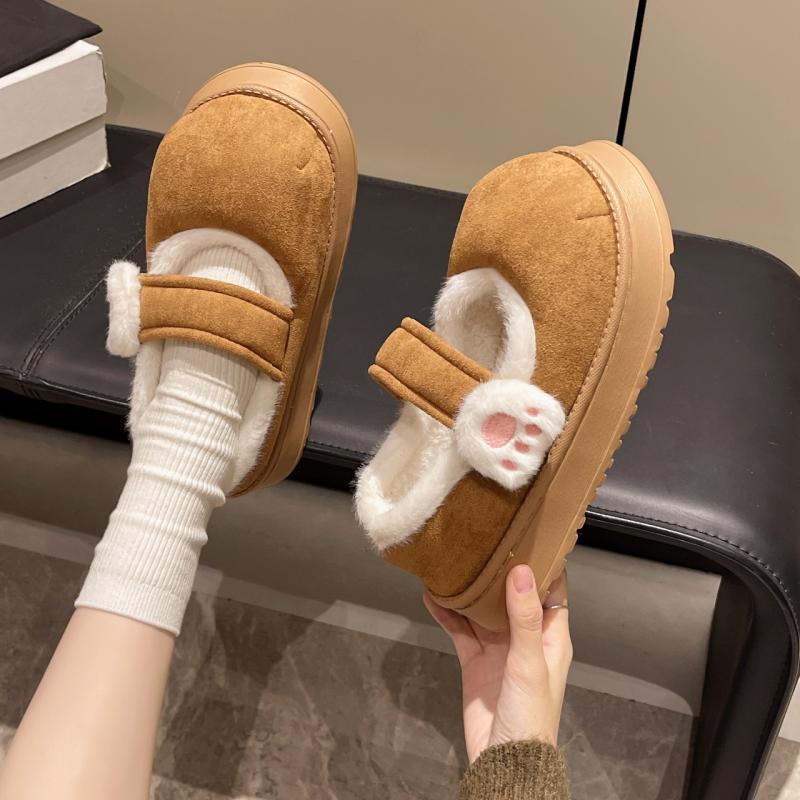 Fashion Cute Plush Cat Paw Decoration Cotton Slippers Women 2025 Winter Sweet Suede Indoor Slides Warm Thick Bottom Short Plush Shoes