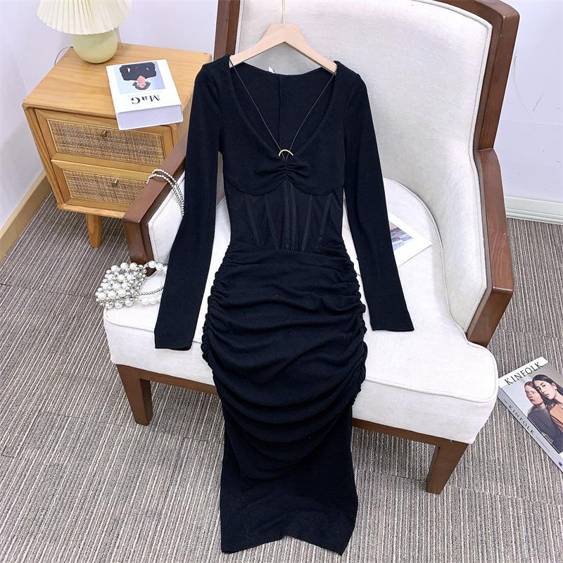 

Черное платье с длинными рукавами Fishbone Annual Party Spice Wrap Slim Dress L чёрный