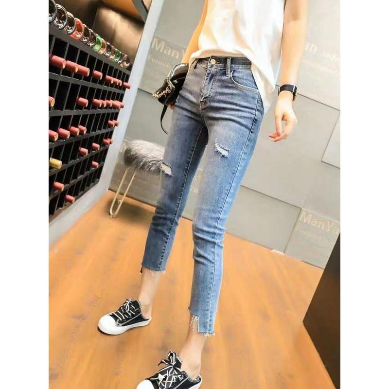 

Ripped Jeans for Women Short Spring and Summer Thin High Waist Cropped Loose Elastic Slim Looking Ankle-Length Straight-Leg Pants