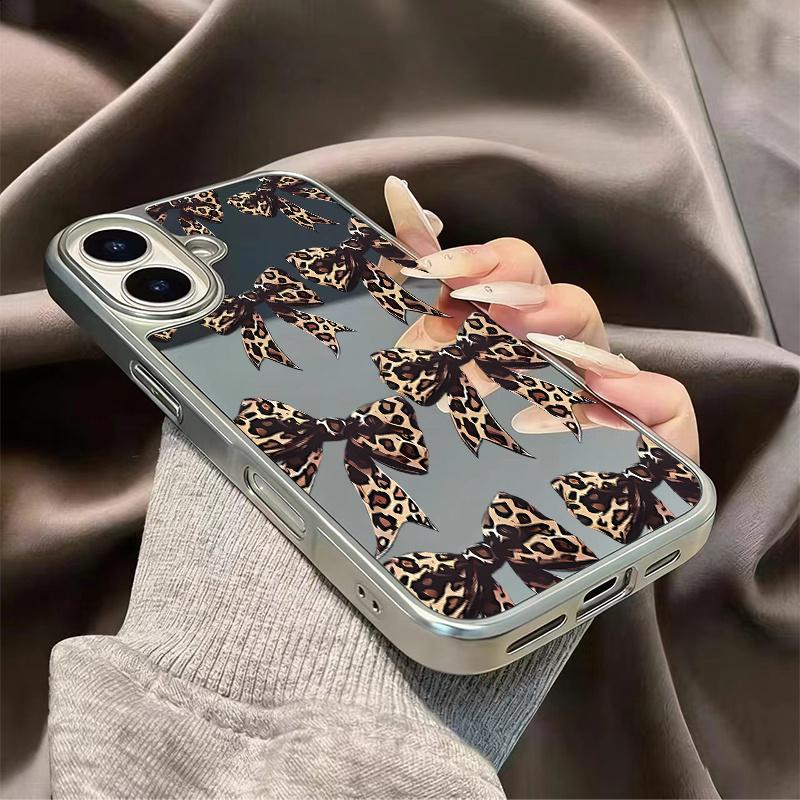 Fashion leopard print bow multifunctional makeup mirror phone case suitable for iPhone 17 16 15 14 13 12 11 Pro/Max/Plus