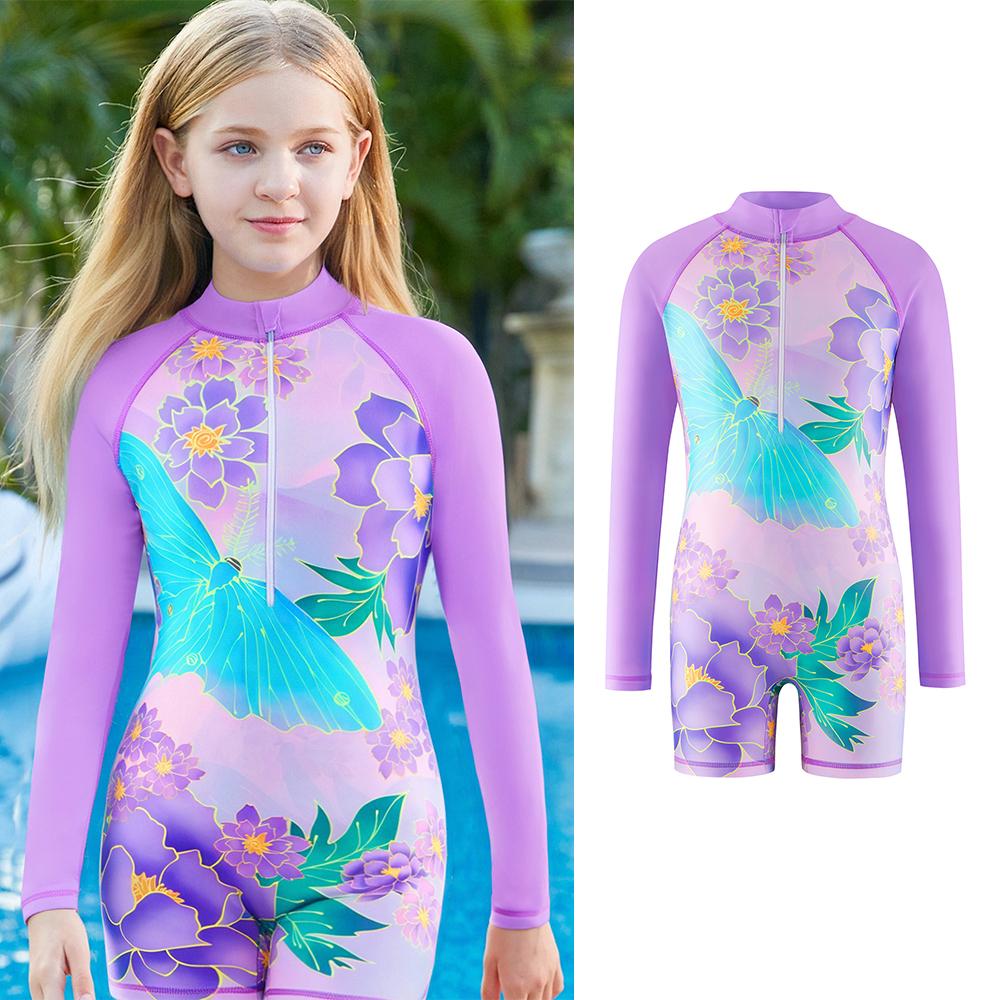 KIds Girls One-Piece Swimsuit Children's Outfits Girls Long-Sleeved Summer Swimwear Beach Rash Guard Shorts Swimming Suit 3-12Y