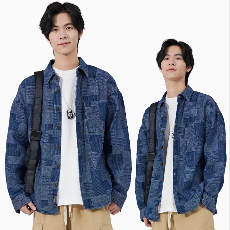 Spring and Autumn Men's Plaid Lasel Loose Casual Shirt