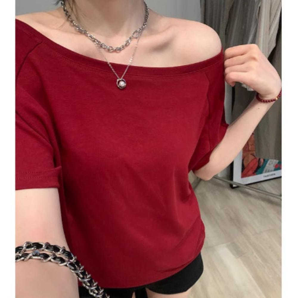 Nischendesign Off-Shoulder Graues Kurzarm-T-Shirt Damen Sommer Chic Locker Lässig Schlicht Diagonale Schulter Schwarzes Oberteil