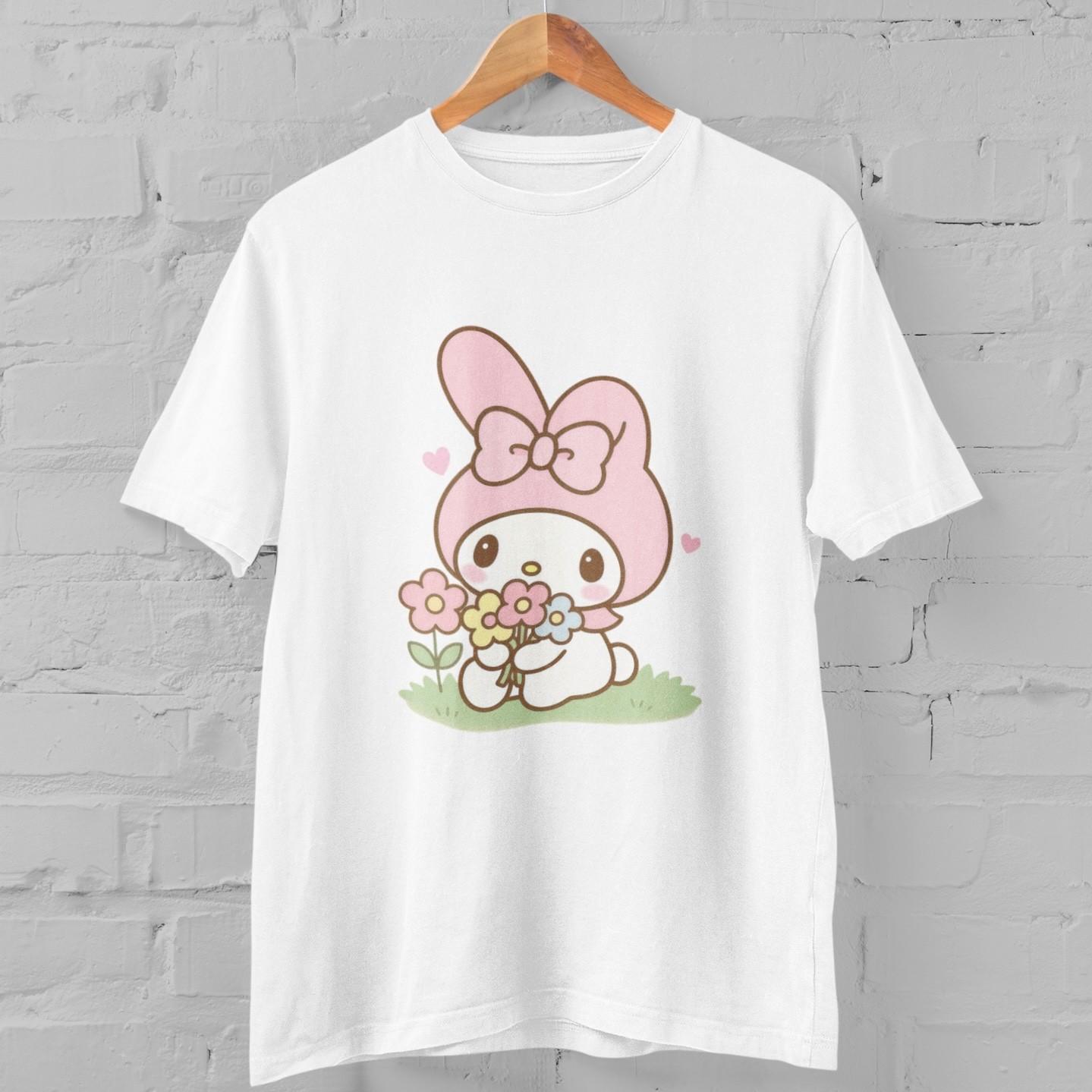 My Melody T-Shirt Cute Sanrio Character Pink Bow Flower Graphic Tee Kawaii Top S
