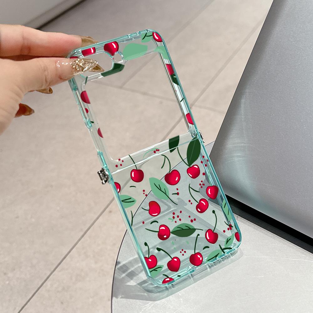 Summer Fruit Cherry Pattern Metal Connector Phone Case for Samsung Galaxy Z Flip3 Flip4 Flip5 Flip6 Flip7 Candy Color Soft TPU