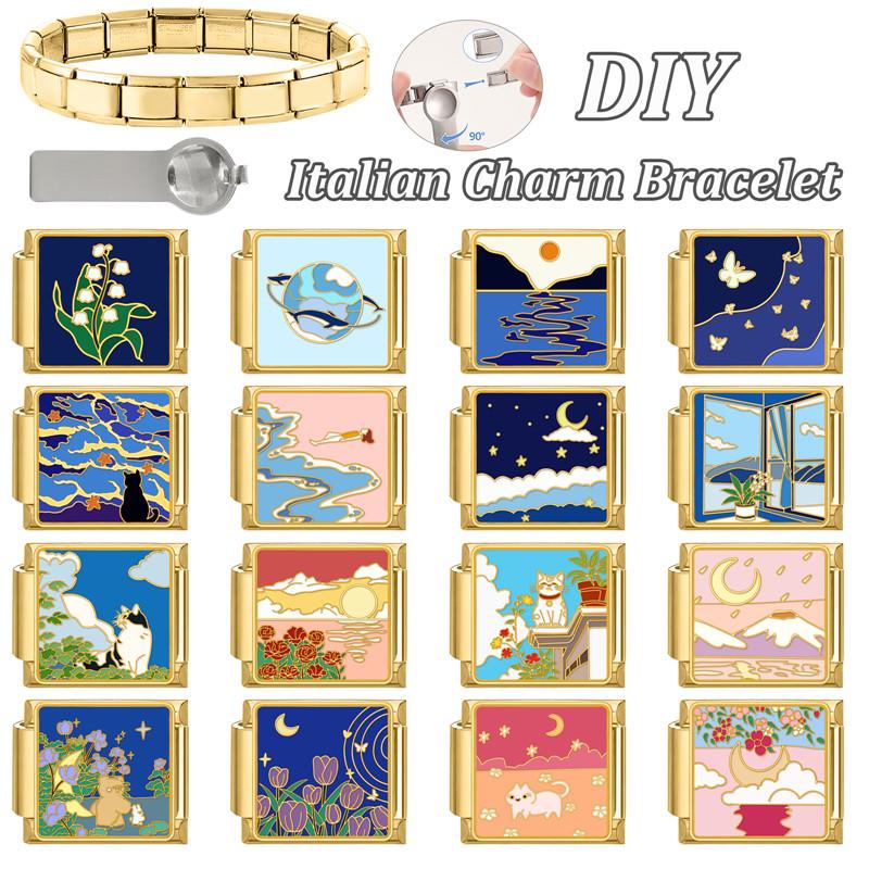Y2K Gold Color Bear Cat Blue Sky Rose Flowers Moon Italian Charm Link Fit 9MM Stainless Steel Bracelet Women DIY Making Gifts