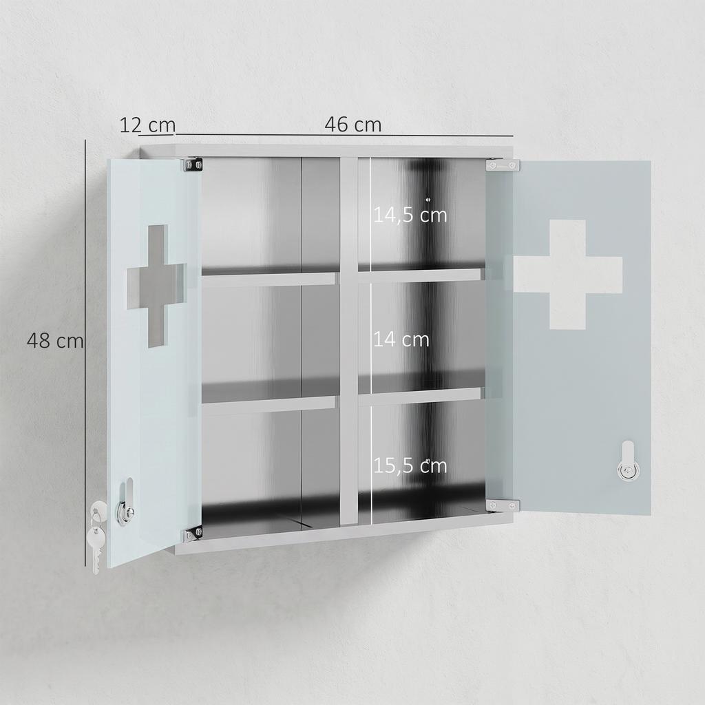 Wall-mounted medicine cabinet with lockable glass doors, 2 keys, storage shelves, 46 x 12 x 48 cm, silver