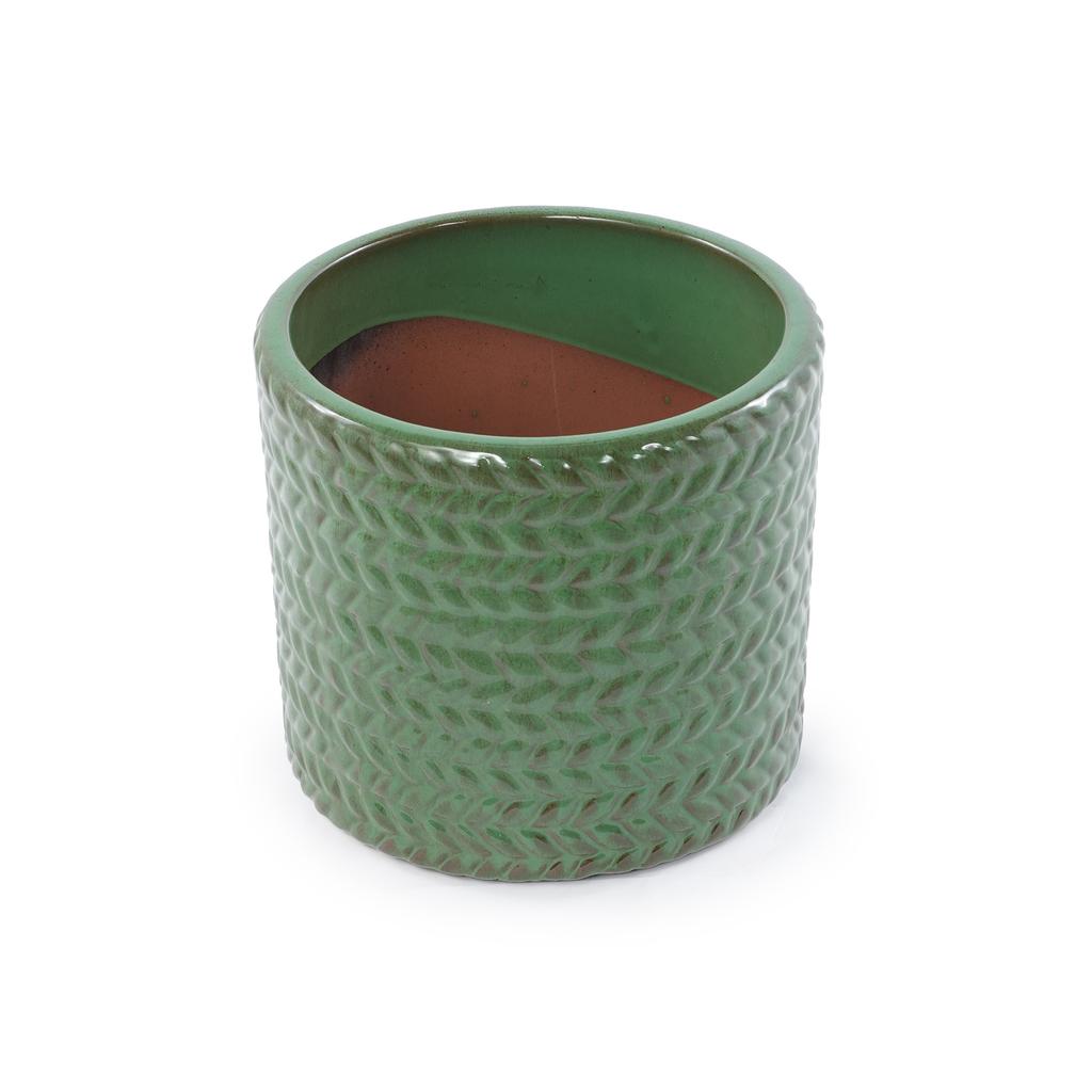Handmade ceramic plant pot diameter 37 cm, olive green with herringbone relief, breathable