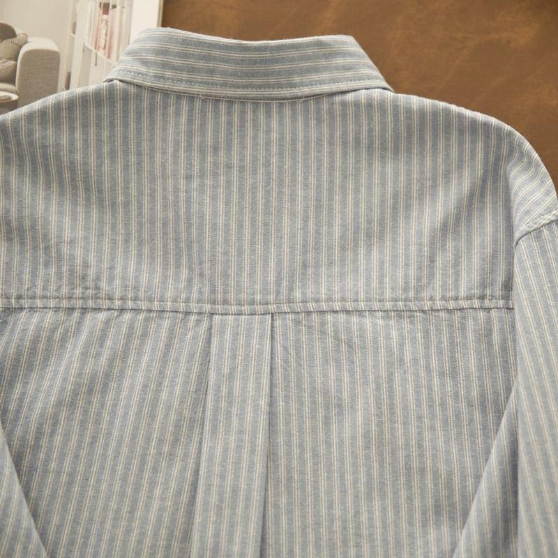 

Весна Новая Французская Повседневная Хлопковая Женская Рубашка с Лацканами и Полоску S синий