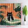 1pc Playful Black Cat in Bathtub Shower Curtain - Whimsical Cartoon Design with Orange Tiles & Green Plants, Durable Polyester