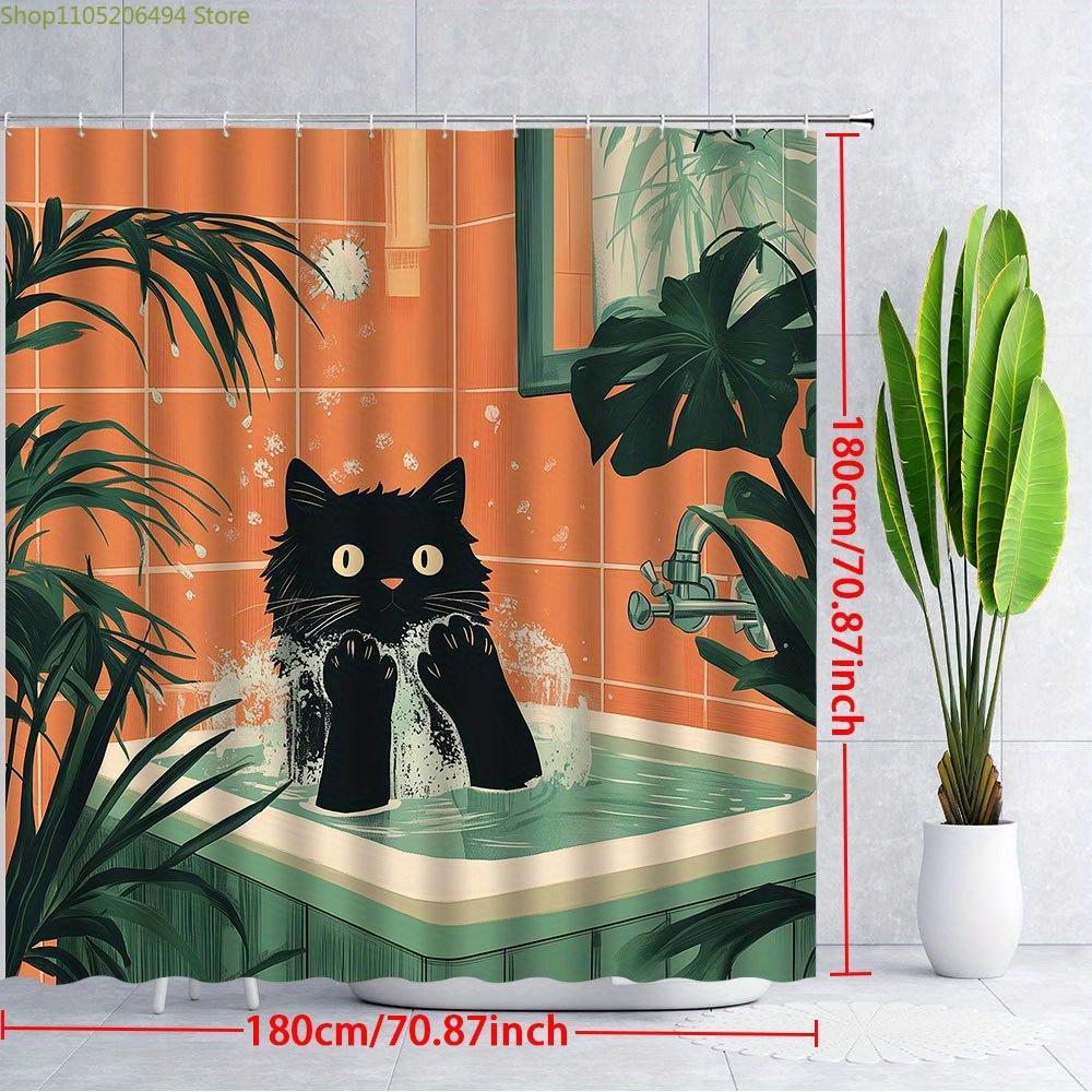 1pc Playful Black Cat in Bathtub Shower Curtain - Whimsical Cartoon Design with Orange Tiles & Green Plants, Durable Polyester