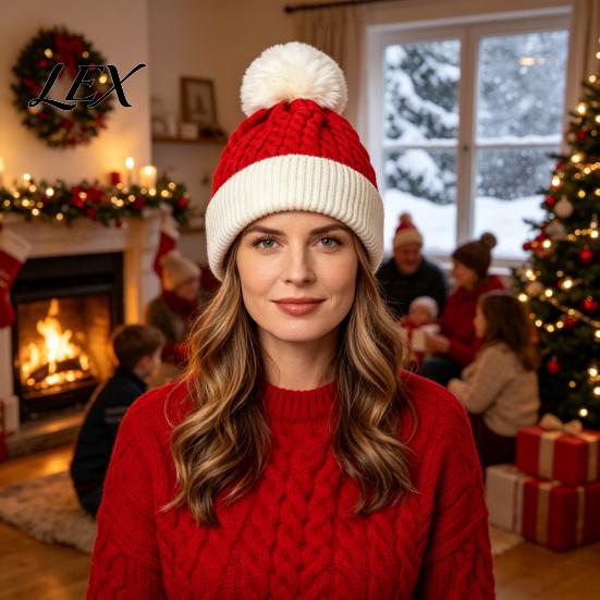 Warm Cuffed Cap for Women Christmas Elf Hat, Cozy Winter Knit Hat with Pom Pom, Stretchy Skull Outdoor Cold Weather Soft Polyester