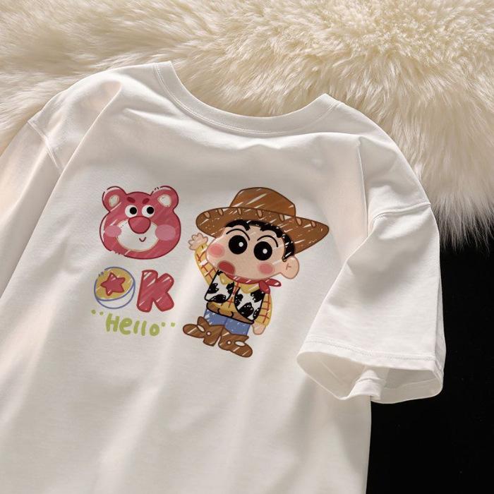 Cartoon Crayon Unisexs Cotton Tshirt Cartoon Japanese Style Summer Fashion Casual Comfortable Top Street Clothing S