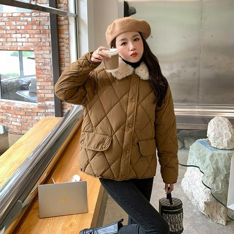 Short Stitching Lamb Wool Collar Lightweight Rhombic Cotton Jacket Women's Autumn and Winter Casual Warm Padded Jacket