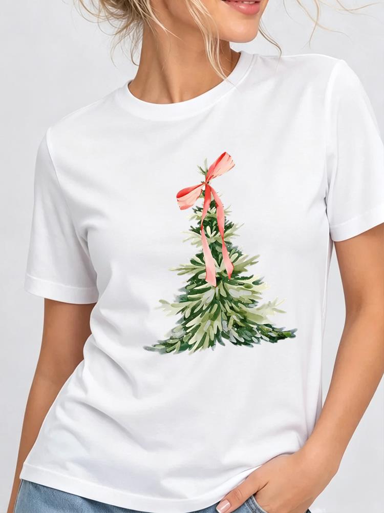 (Asian Size) Tree Printing Christmas New Year Clothing T Shirt Women Fashion Festival Tee Top Print Female Woman Short Sleeve Graphic T-shirts