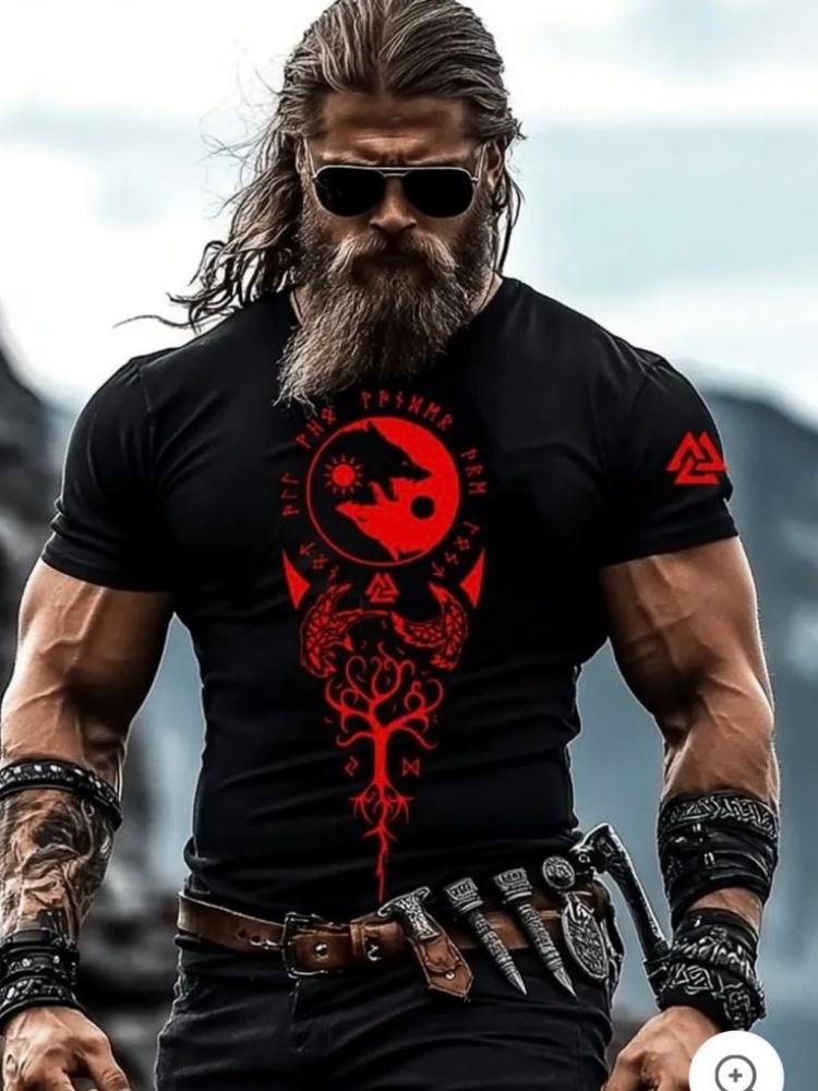Outdoor Fashion Men's T-shirt with 3D Print of Tribal Style Wolf Pattern, Short Sleeve, Fitness and Sports Round-neck Top