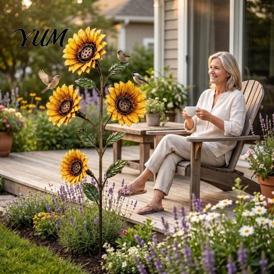 Outdoor Floral Landscaping Accents Vintage Sunflower Hummingbird Feeder, Metal Garden Stake Water Station, Decorative Iron Yard Ornaments Bird Feeding