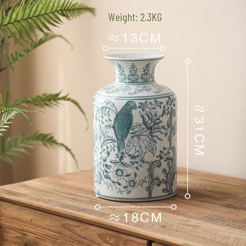 Blue & White Porcelain Vase: Antique Celadon with Flowers & Birds Design for Retro Chinese Décor